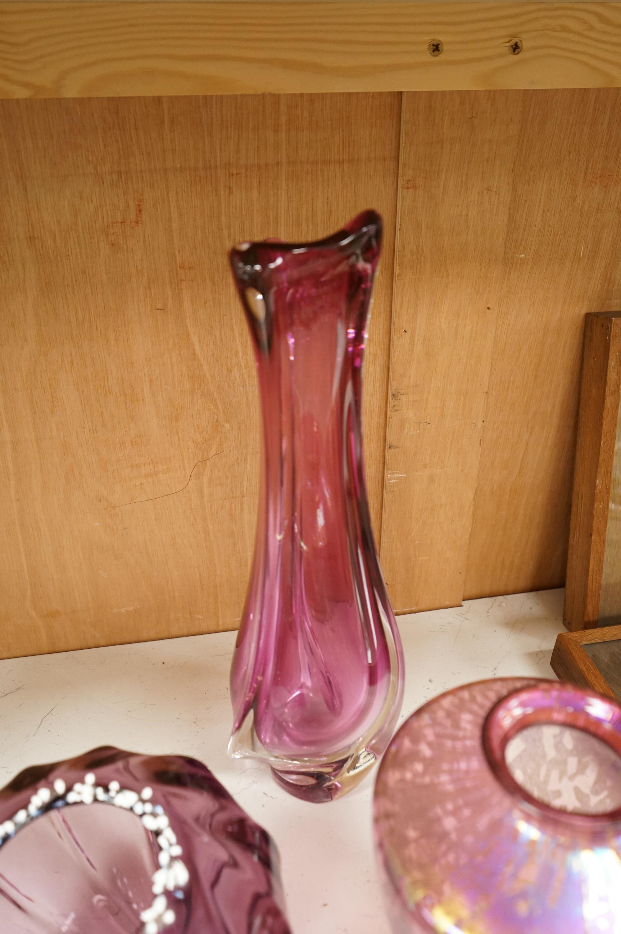 Five pieces of art glass including a Royal Brierley Studio vase, tallest 37.5cm